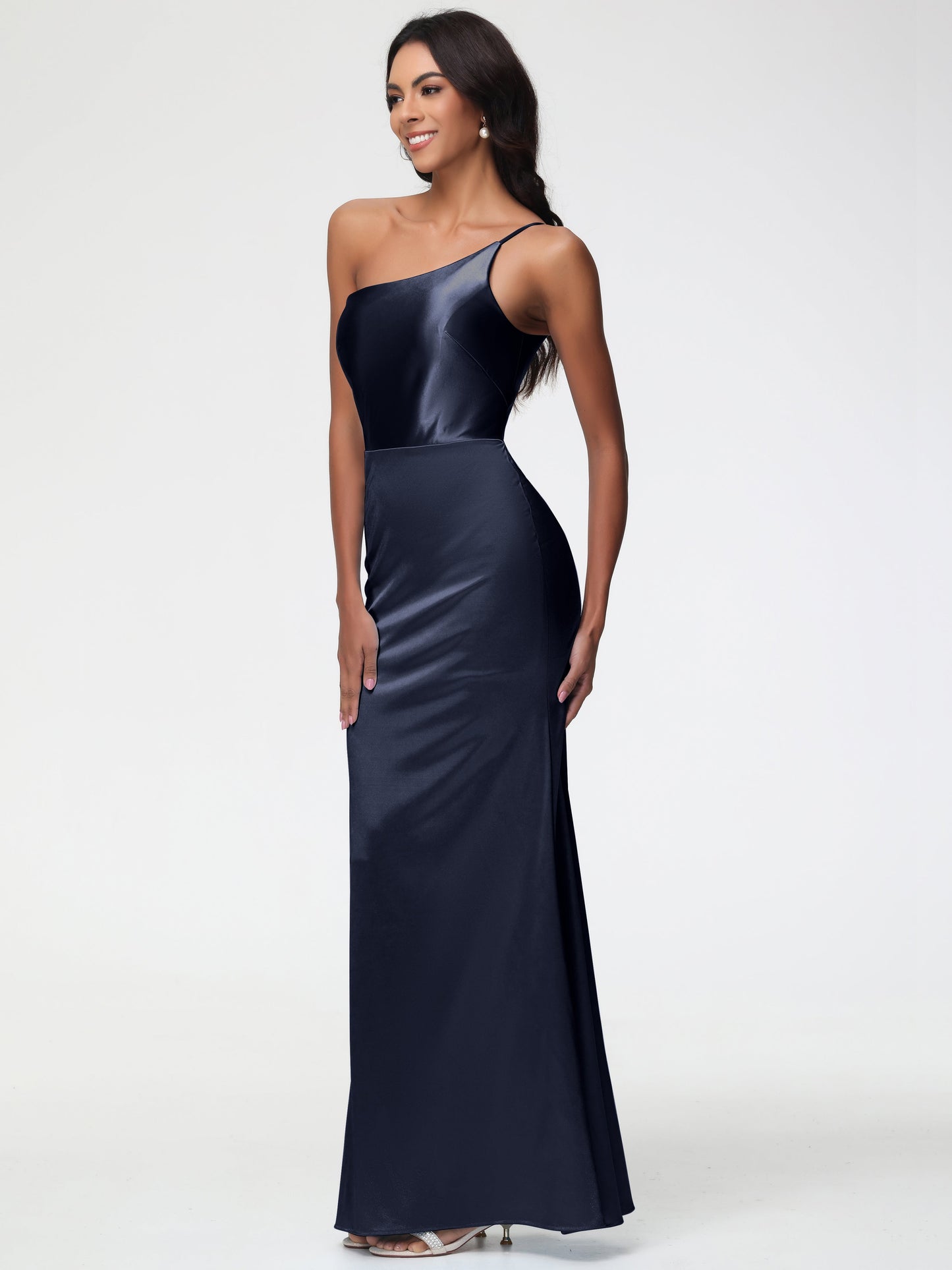 Dark Navy Bridesmaid Dress One Shoulder Minimalist Sheath/Column Stretch Satin Long Bridesmaid Dress