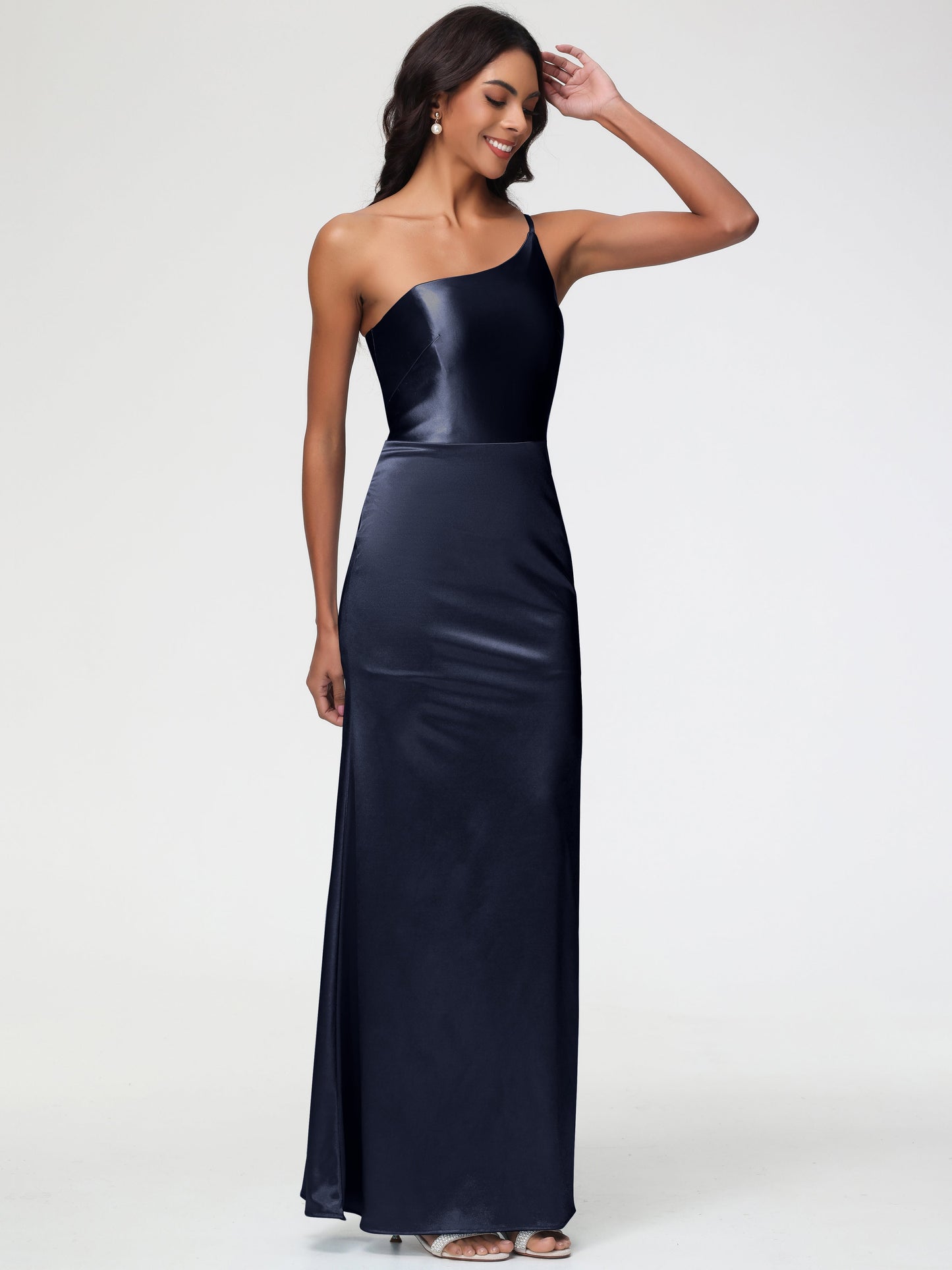 Dark Navy Bridesmaid Dress One Shoulder Minimalist Sheath/Column Stretch Satin Long Bridesmaid Dress