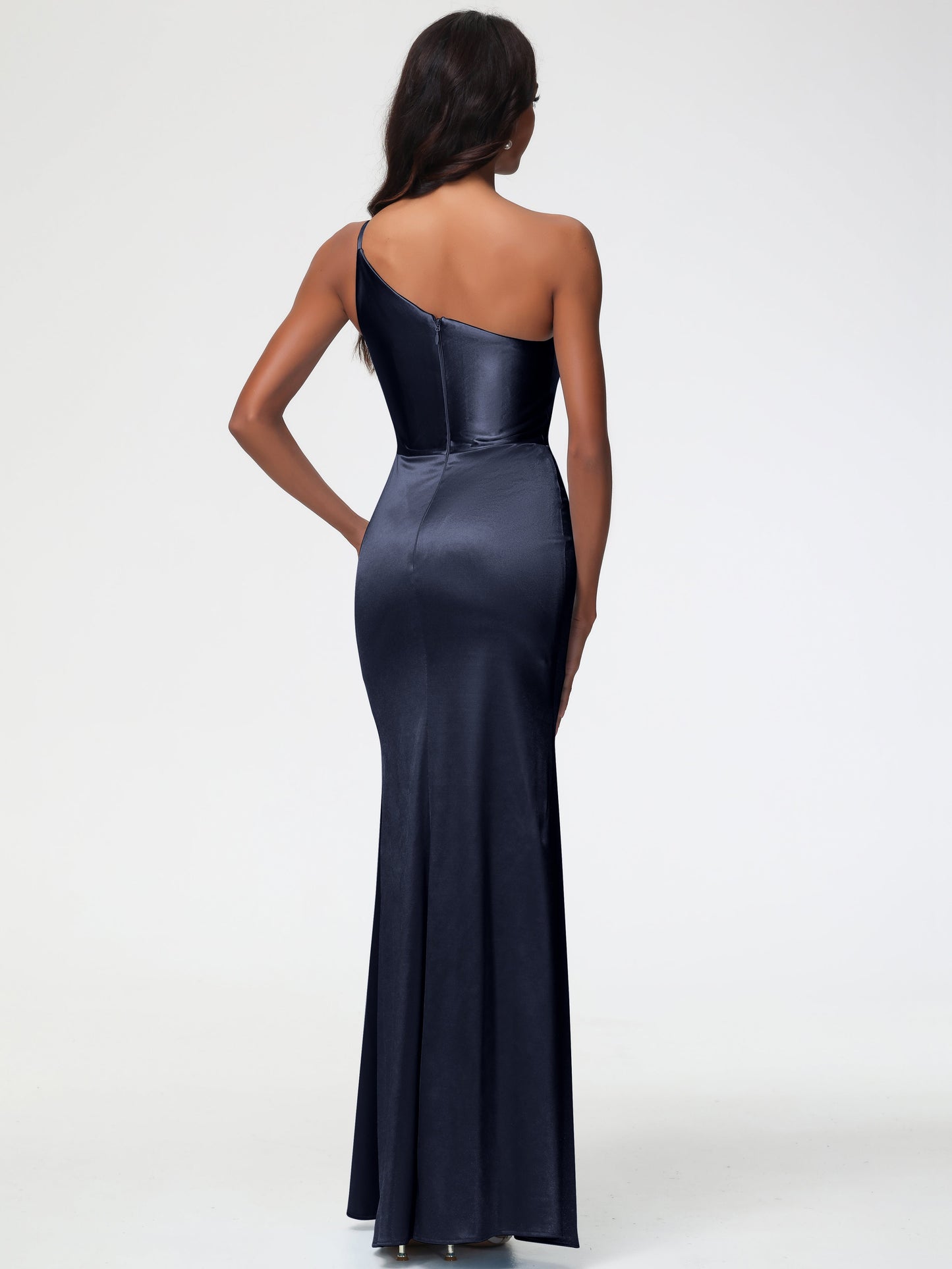 Dark Navy Bridesmaid Dress One Shoulder Minimalist Sheath/Column Stretch Satin Long Bridesmaid Dress