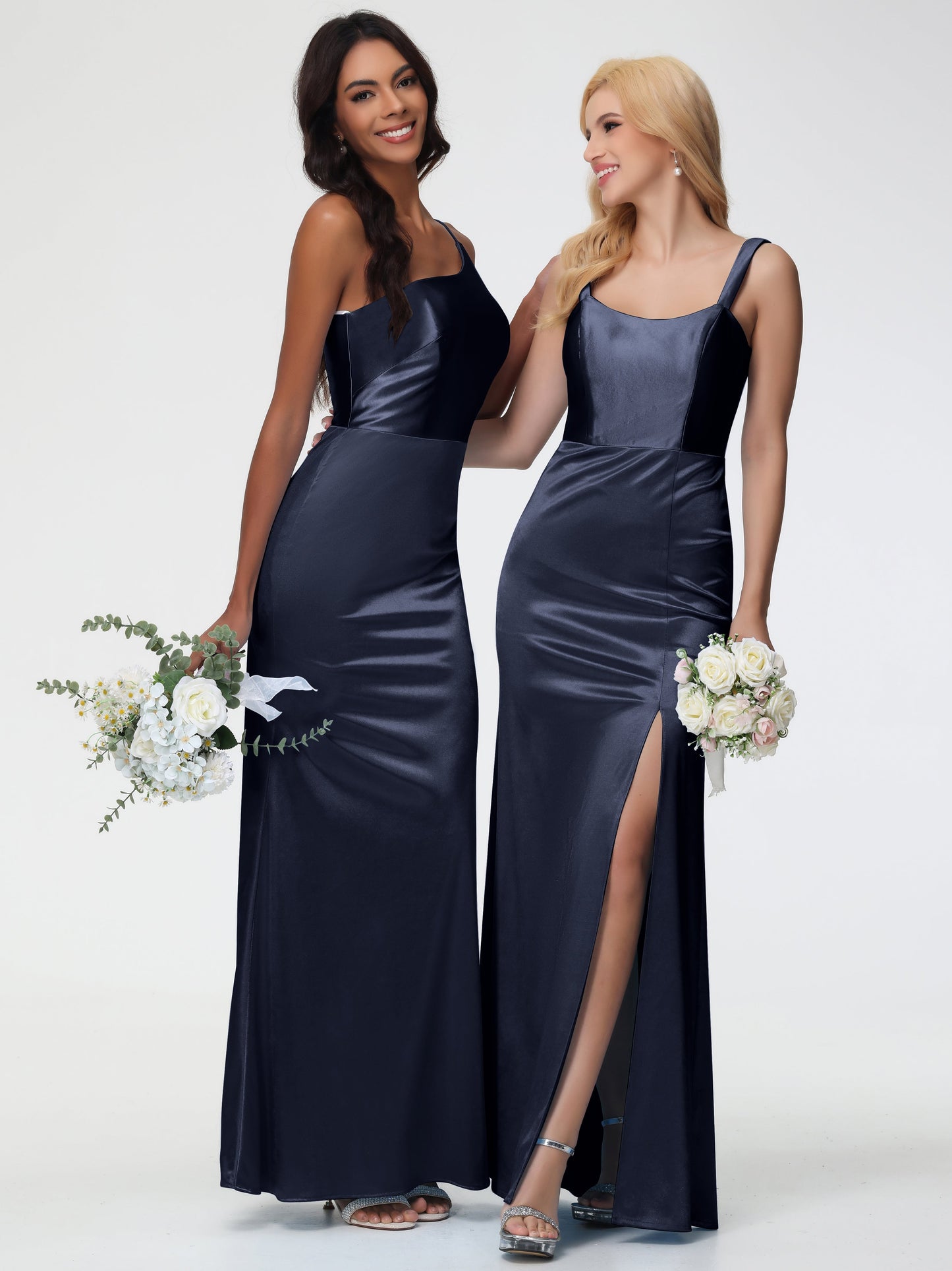 Dark Navy Bridesmaid Dress One Shoulder Minimalist Sheath/Column Stretch Satin Long Bridesmaid Dress
