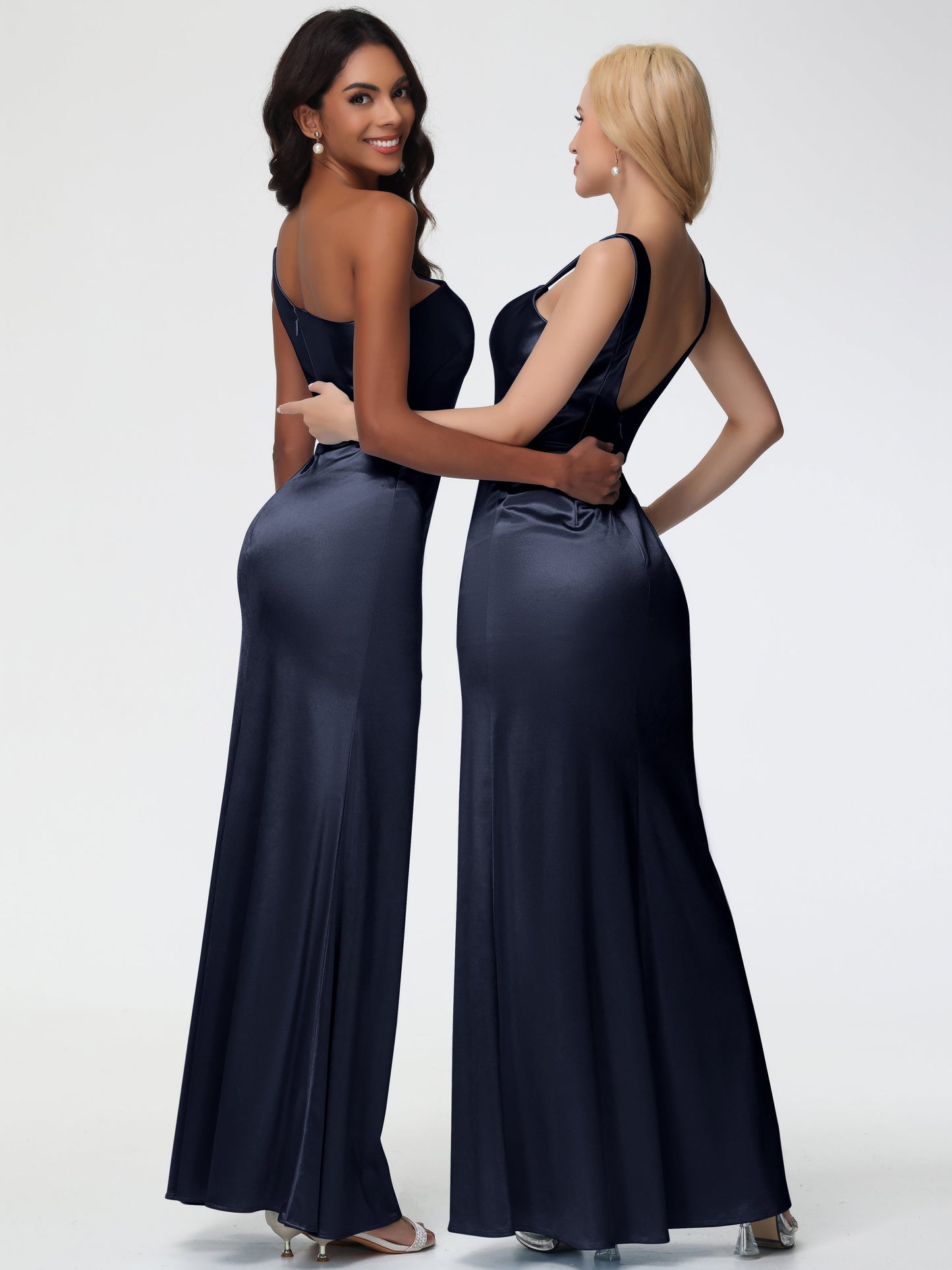 Dark Navy Bridesmaid Dress One Shoulder Minimalist Sheath/Column Stretch Satin Long Bridesmaid Dress