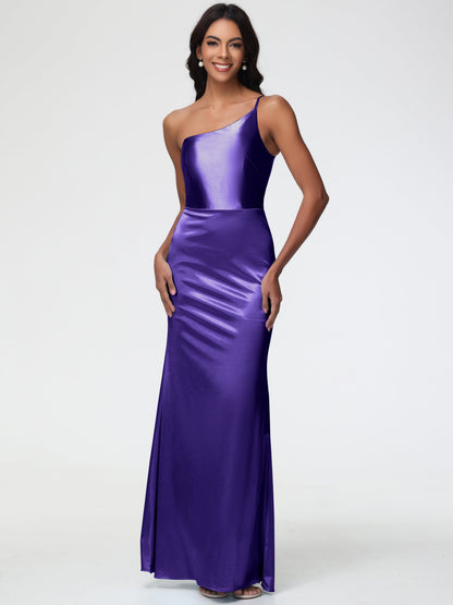 Bridesmaid Dresses Regency Purple One Shoulder Minimalist Sheath/Column Stretch Satin Long Bridesmaid Dress