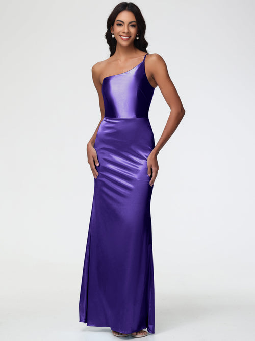 Bridesmaid Dresses Regency Purple One Shoulder Minimalist Sheath/Column Stretch Satin Long Bridesmaid Dress