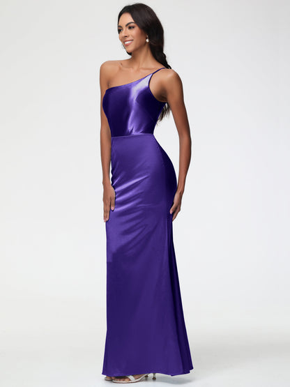 Bridesmaid Dresses Regency Purple One Shoulder Minimalist Sheath/Column Stretch Satin Long Bridesmaid Dress