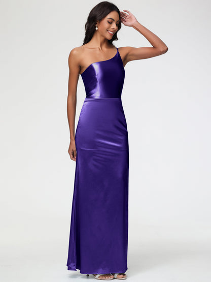 Bridesmaid Dresses Regency Purple One Shoulder Minimalist Sheath/Column Stretch Satin Long Bridesmaid Dress