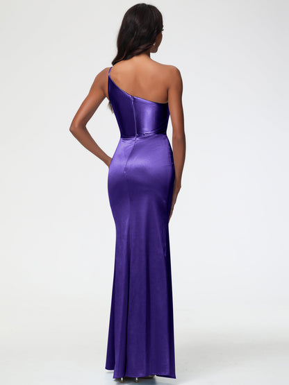 Bridesmaid Dresses Regency Purple One Shoulder Minimalist Sheath/Column Stretch Satin Long Bridesmaid Dress