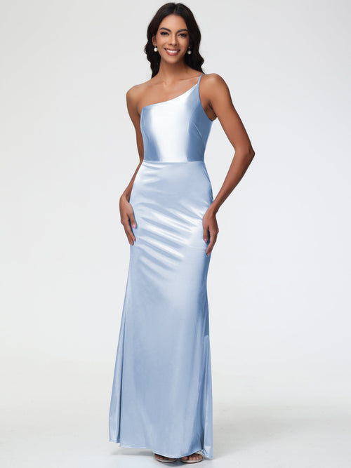 Bridesmaid Dresses In Sky Blue One Shoulder Minimalist Sheath/Column Stretch Satin Long Bridesmaid Dress