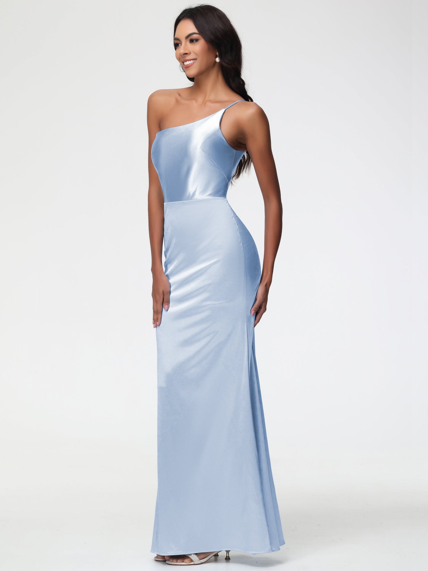 Bridesmaid Dresses In Sky Blue One Shoulder Minimalist Sheath/Column Stretch Satin Long Bridesmaid Dress