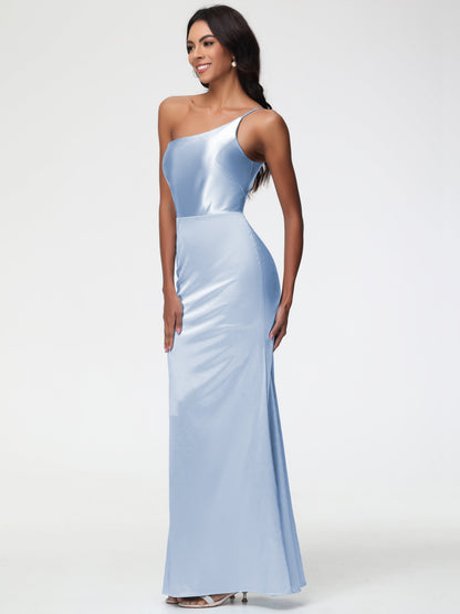 Bridesmaid Dresses In Sky Blue One Shoulder Minimalist Sheath/Column Stretch Satin Long Bridesmaid Dress