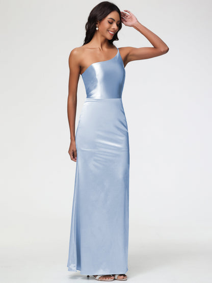 Bridesmaid Dresses In Sky Blue One Shoulder Minimalist Sheath/Column Stretch Satin Long Bridesmaid Dress