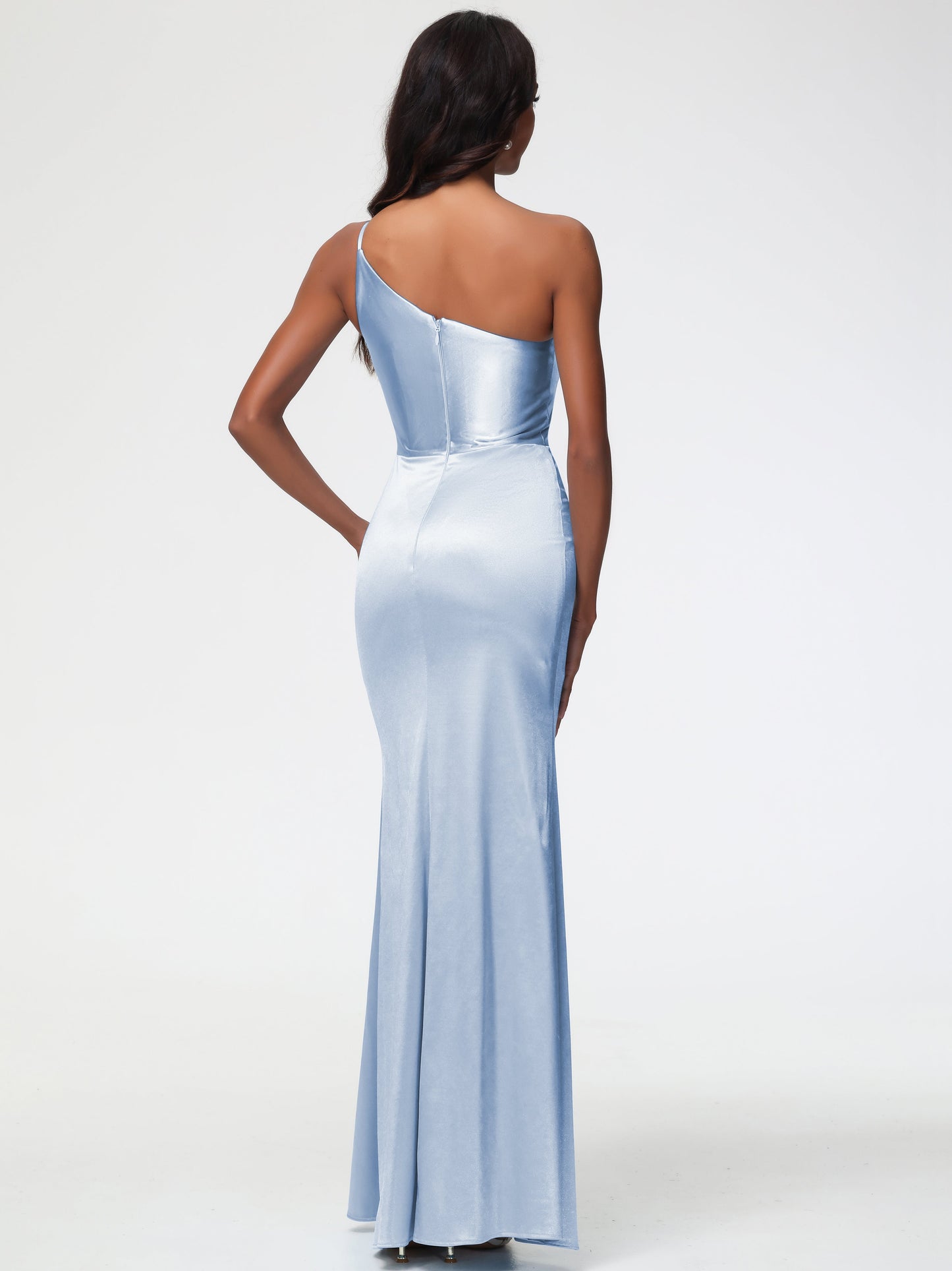 Bridesmaid Dresses In Sky Blue One Shoulder Minimalist Sheath/Column Stretch Satin Long Bridesmaid Dress