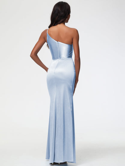 Bridesmaid Dresses In Sky Blue One Shoulder Minimalist Sheath/Column Stretch Satin Long Bridesmaid Dress