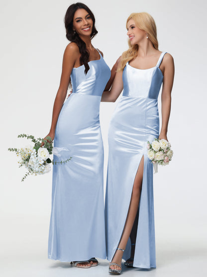 Bridesmaid Dresses In Sky Blue One Shoulder Minimalist Sheath/Column Stretch Satin Long Bridesmaid Dress