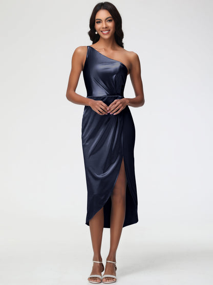 Dark Navy Bridesmaid Dress Sleeveless Tea Length One Shoulder Sheath/Column Stretch Satin Bridesmaid Dress