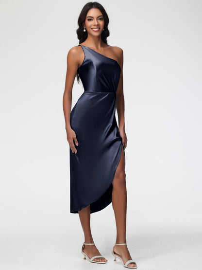 Dark Navy Bridesmaid Dress Sleeveless Tea Length One Shoulder Sheath/Column Stretch Satin Bridesmaid Dress