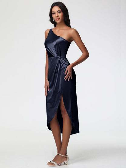 Dark Navy Bridesmaid Dress Sleeveless Tea Length One Shoulder Sheath/Column Stretch Satin Bridesmaid Dress