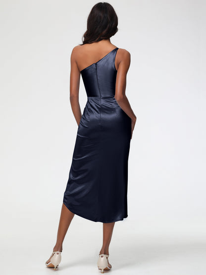Dark Navy Bridesmaid Dress Sleeveless Tea Length One Shoulder Sheath/Column Stretch Satin Bridesmaid Dress