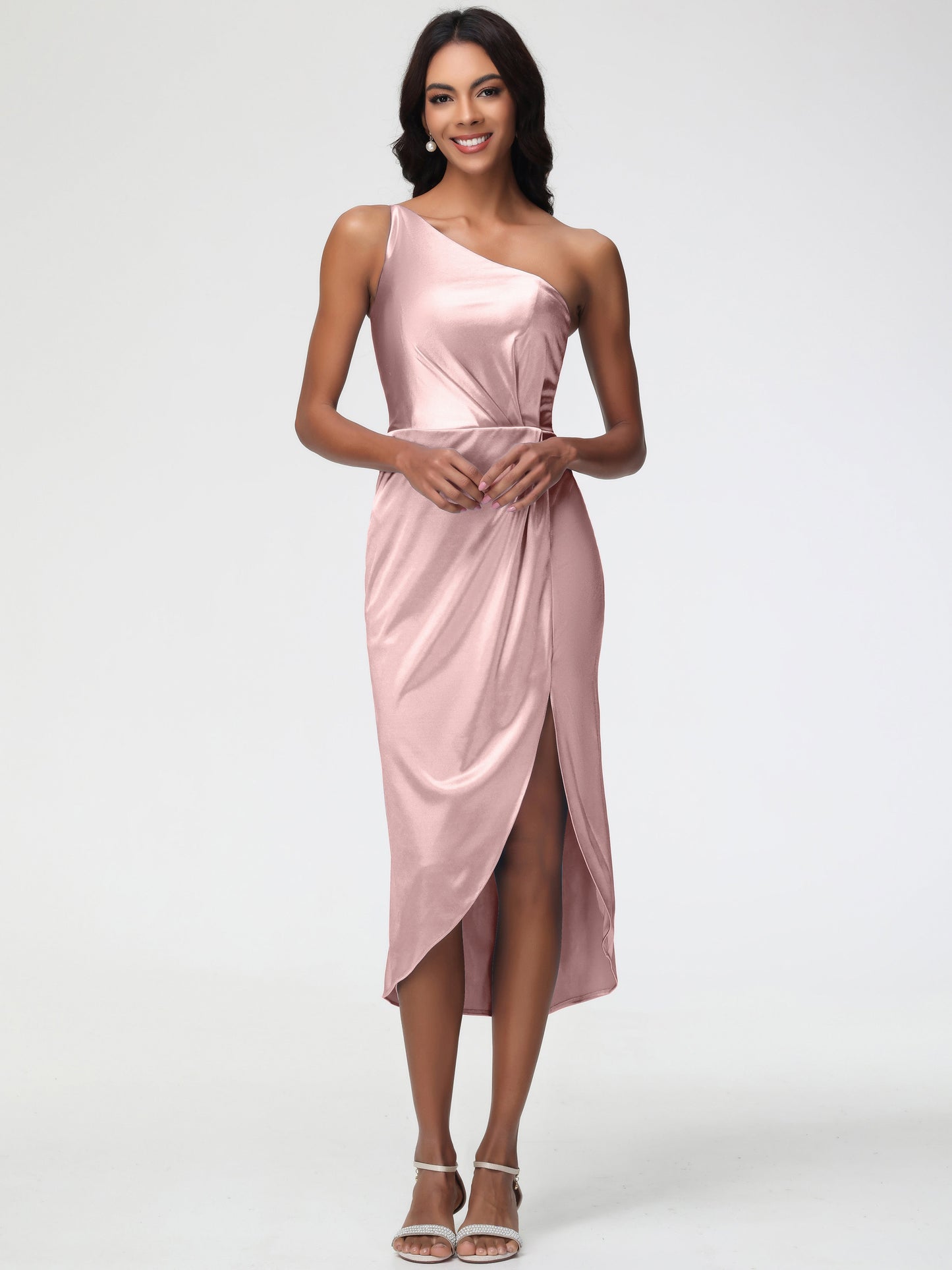 Dusty Rose One Shoulder Bridesmaid Dress Sleeveless Tea Length One Shoulder Sheath/Column Stretch Satin Bridesmaid Dress