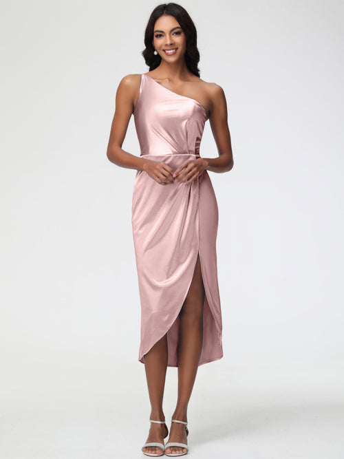 Dusty Rose One Shoulder Bridesmaid Dress Sleeveless Tea Length One Shoulder Sheath/Column Stretch Satin Bridesmaid Dress