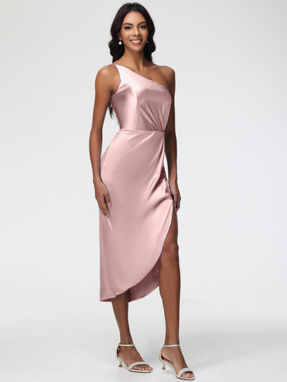 Dusty Rose One Shoulder Bridesmaid Dress Sleeveless Tea Length One Shoulder Sheath/Column Stretch Satin Bridesmaid Dress