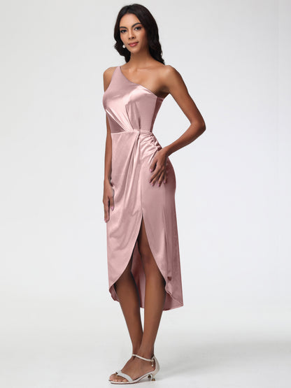 Dusty Rose One Shoulder Bridesmaid Dress Sleeveless Tea Length One Shoulder Sheath/Column Stretch Satin Bridesmaid Dress