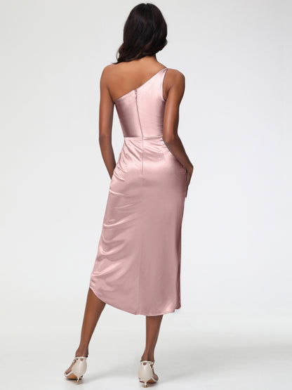Dusty Rose One Shoulder Bridesmaid Dress Sleeveless Tea Length One Shoulder Sheath/Column Stretch Satin Bridesmaid Dress
