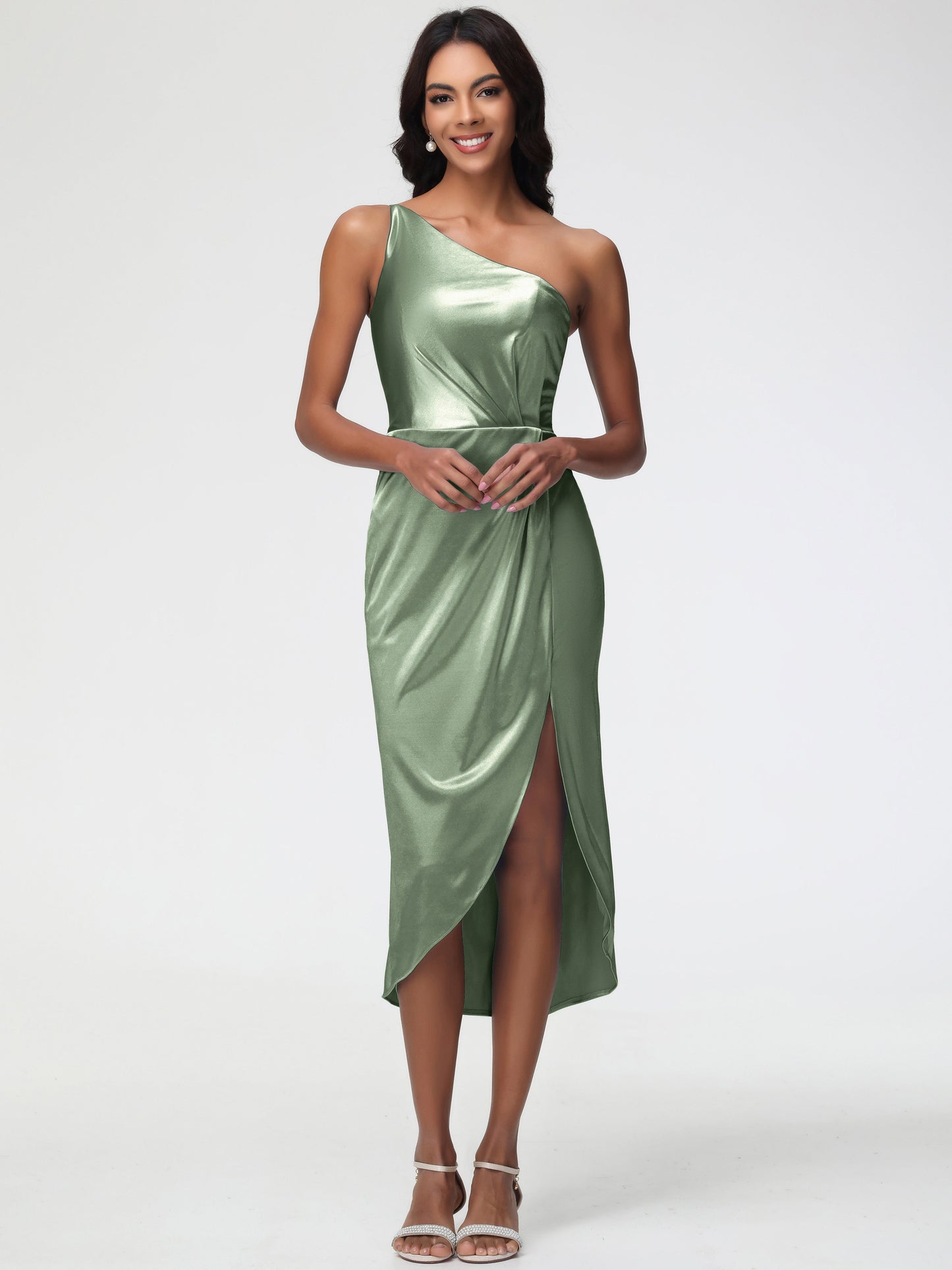 Dusty Sage Satin Bridesmaid Dress Sleeveless Tea Length One Shoulder Sheath/Column Stretch Satin Bridesmaid Dress