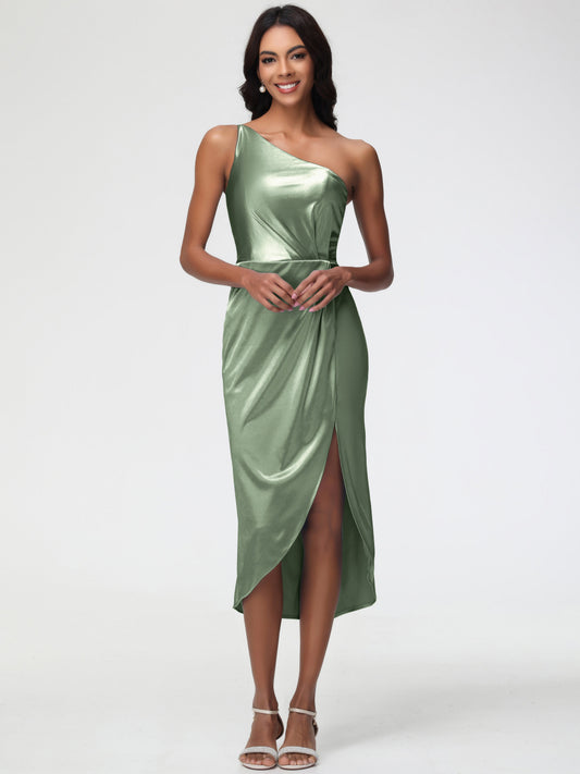 Dusty Sage Satin Bridesmaid Dress Sleeveless Tea Length One Shoulder Sheath/Column Stretch Satin Bridesmaid Dress