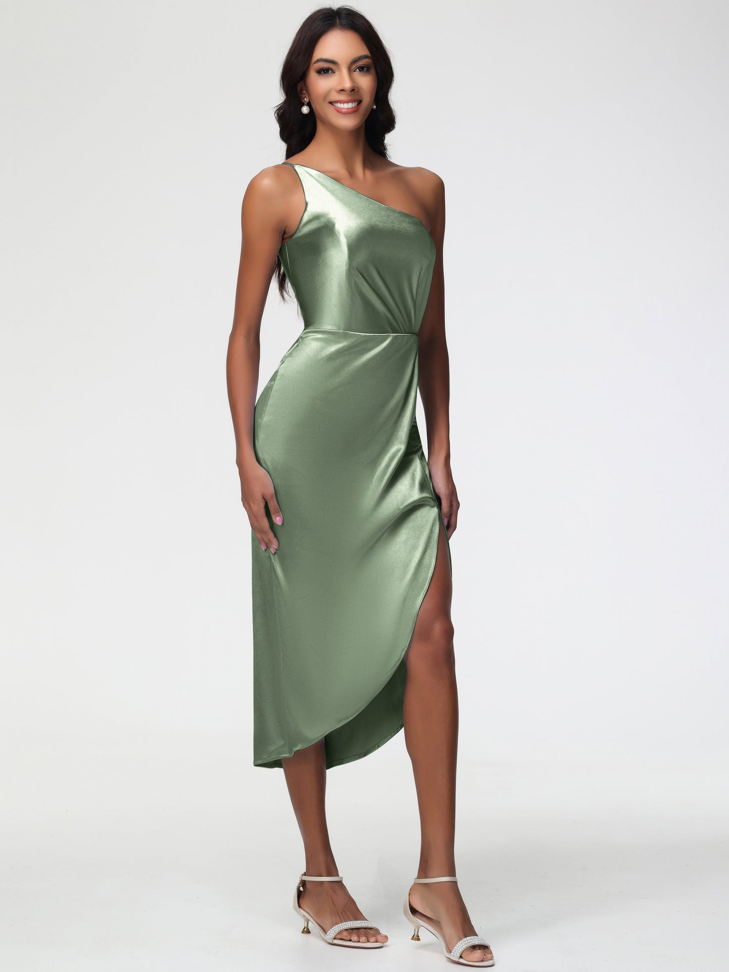 Dusty Sage Satin Bridesmaid Dress Sleeveless Tea Length One Shoulder Sheath/Column Stretch Satin Bridesmaid Dress