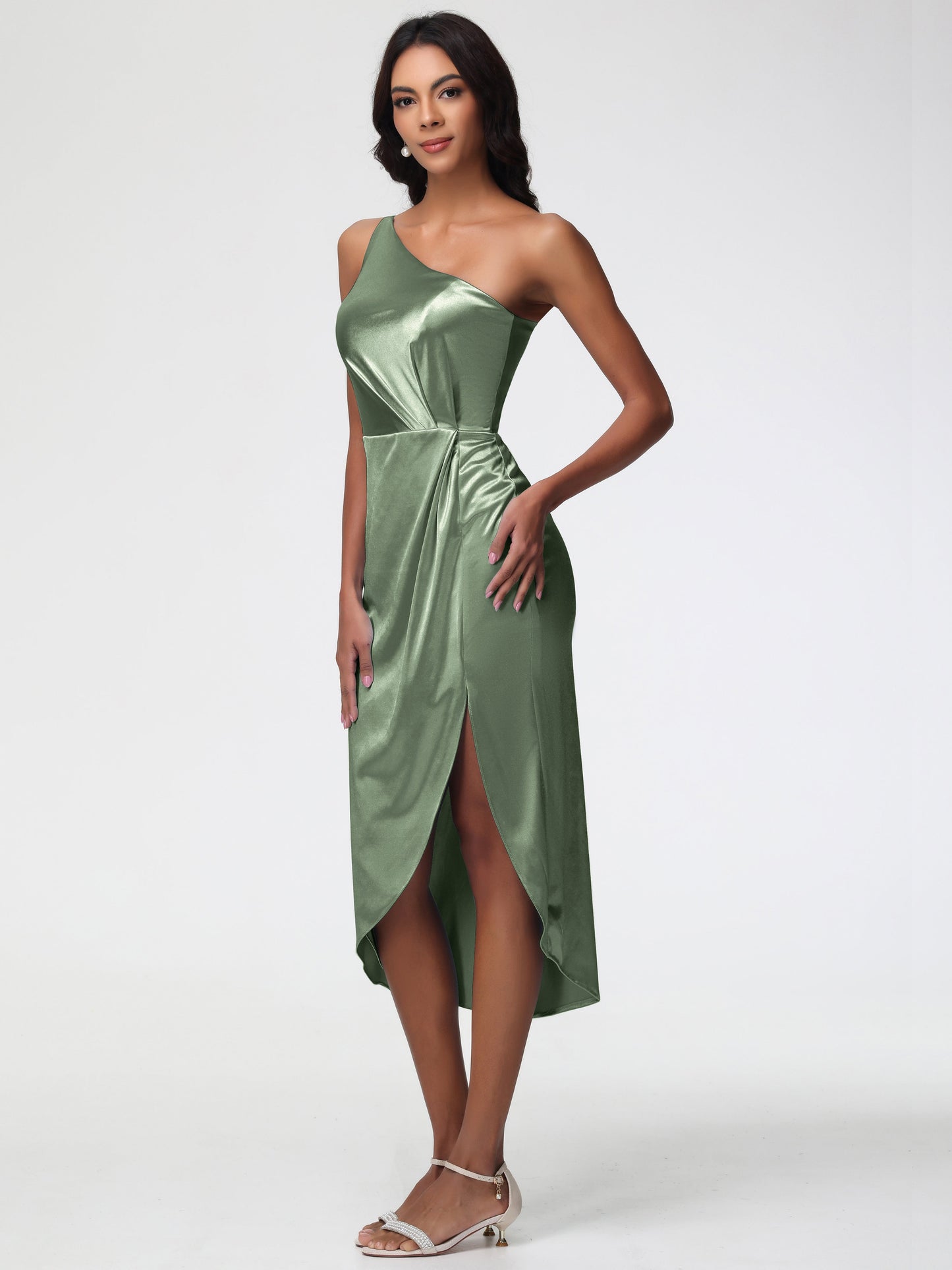 Dusty Sage Satin Bridesmaid Dress Sleeveless Tea Length One Shoulder Sheath/Column Stretch Satin Bridesmaid Dress