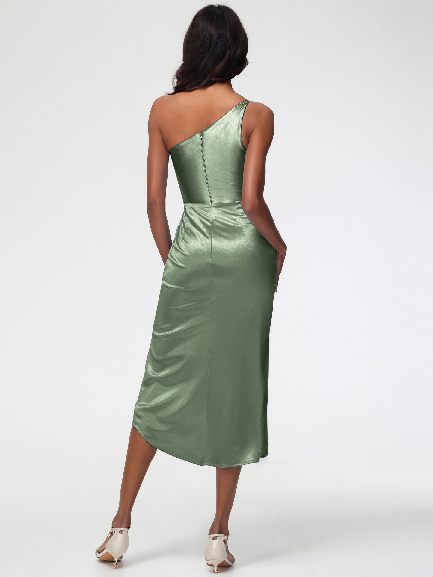 Dusty Sage Satin Bridesmaid Dress Sleeveless Tea Length One Shoulder Sheath/Column Stretch Satin Bridesmaid Dress