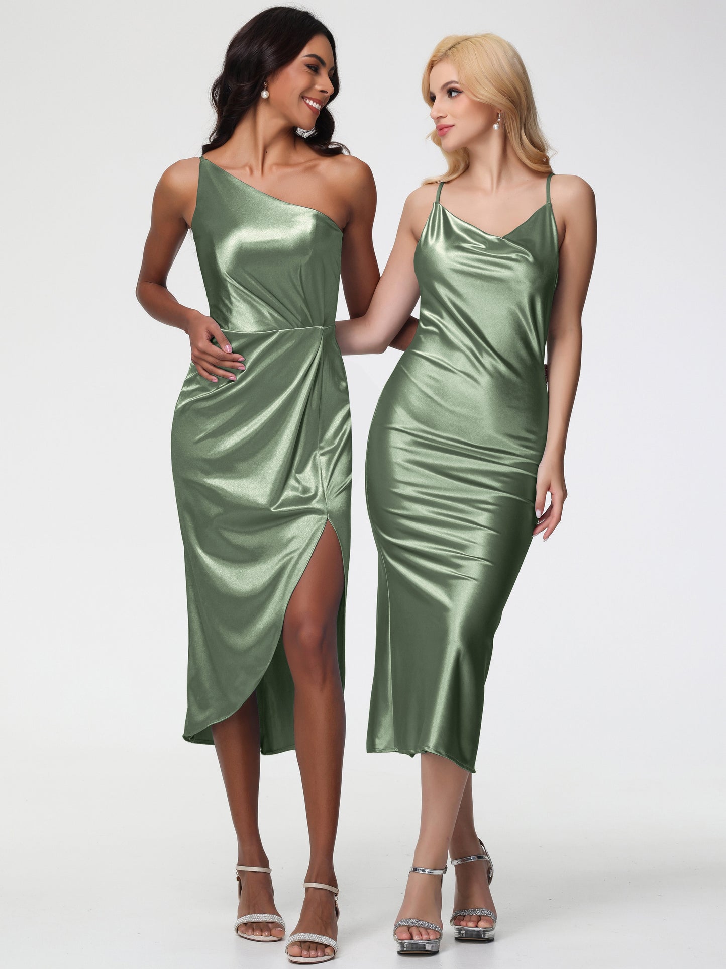 Dusty Sage Satin Bridesmaid Dress Sleeveless Tea Length One Shoulder Sheath/Column Stretch Satin Bridesmaid Dress