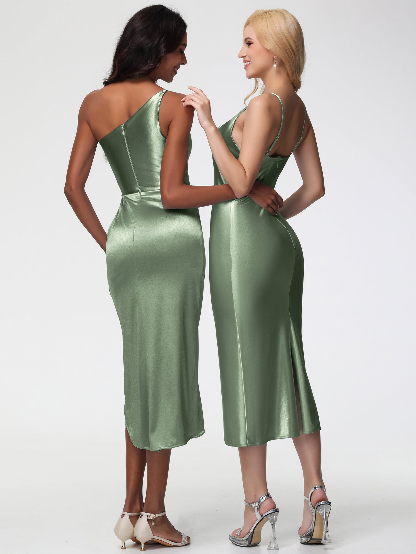 Dusty Sage Satin Bridesmaid Dress Sleeveless Tea Length One Shoulder Sheath/Column Stretch Satin Bridesmaid Dress