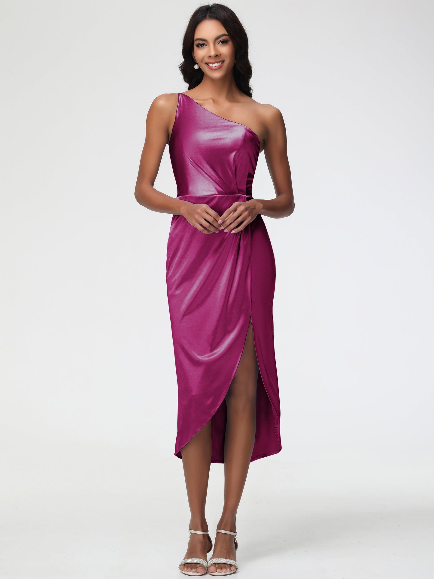 Fuchsia Bridesmaids Sleeveless Tea Length One Shoulder Sheath/Column Stretch Satin Bridesmaid Dress