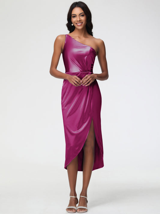 Fuchsia Bridesmaids Sleeveless Tea Length One Shoulder Sheath/Column Stretch Satin Bridesmaid Dress