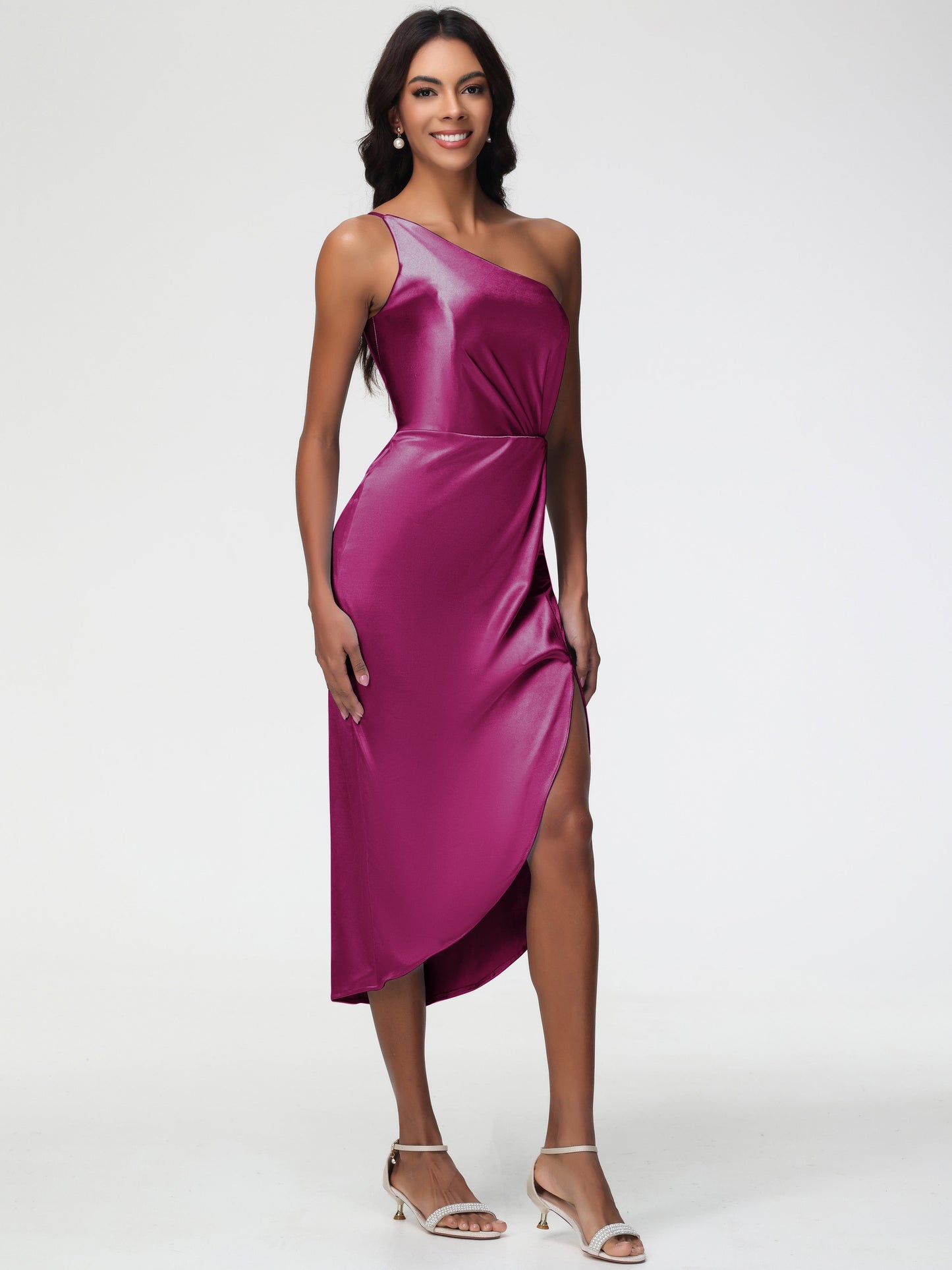 Fuchsia Bridesmaids Sleeveless Tea Length One Shoulder Sheath/Column Stretch Satin Bridesmaid Dress