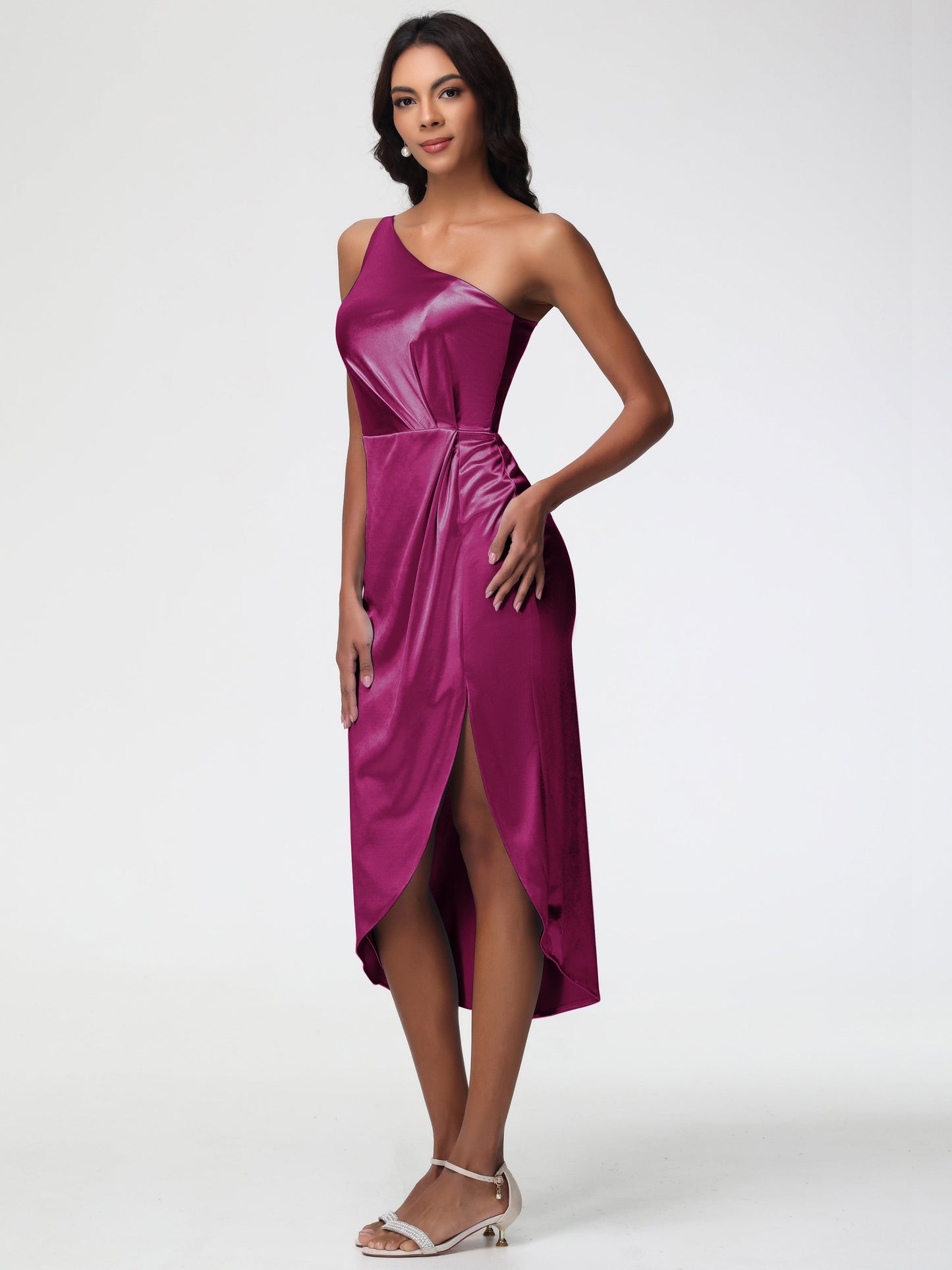 Fuchsia Bridesmaids Sleeveless Tea Length One Shoulder Sheath/Column Stretch Satin Bridesmaid Dress