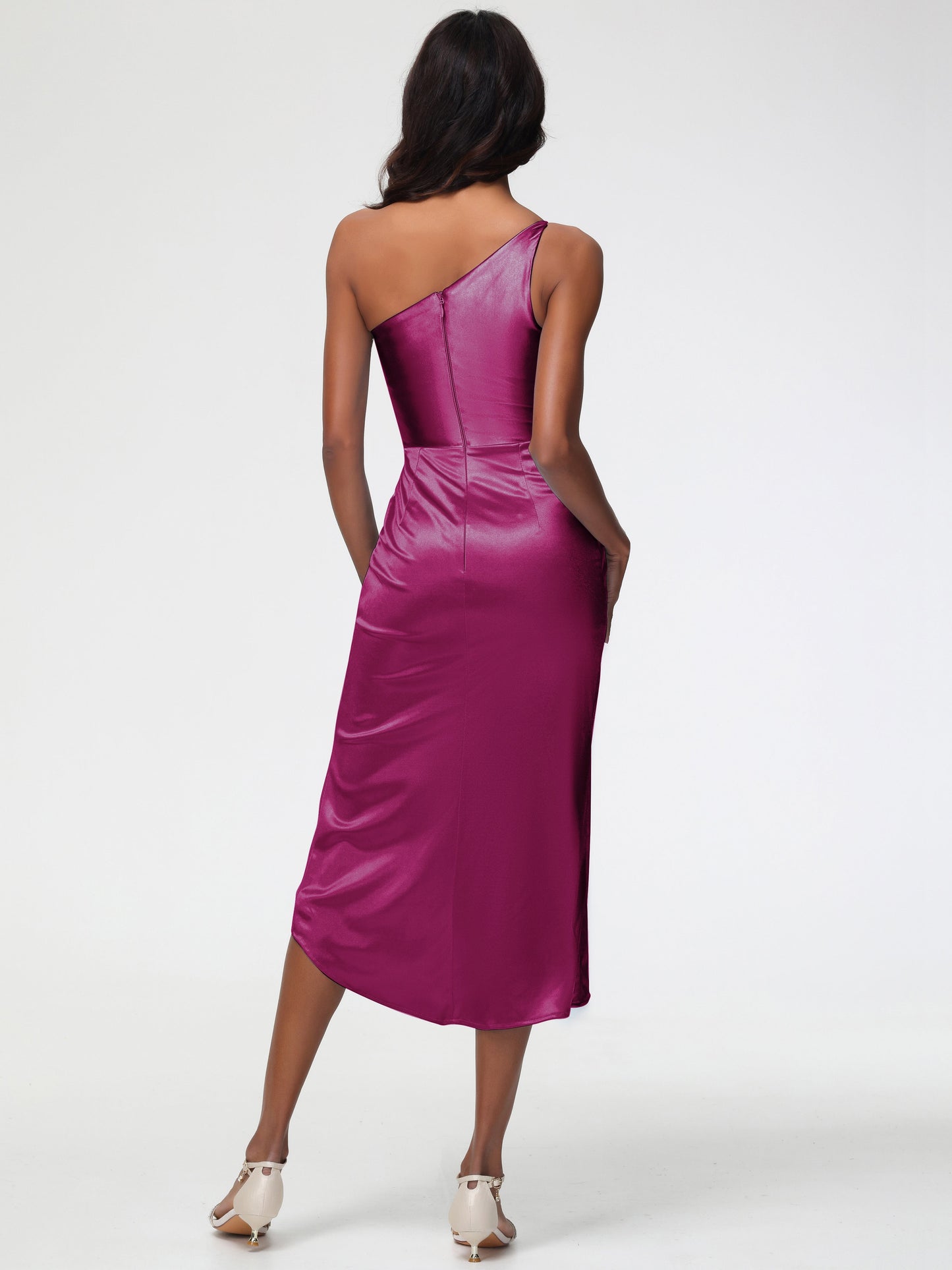 Fuchsia Bridesmaids Sleeveless Tea Length One Shoulder Sheath/Column Stretch Satin Bridesmaid Dress