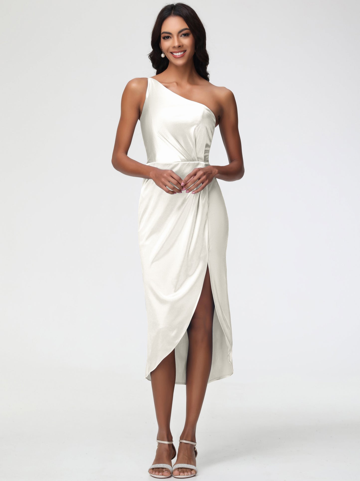 Ivory Bridesmaid Dresses Sleeveless Tea Length One Shoulder Sheath/Column Stretch Satin Bridesmaid Dress