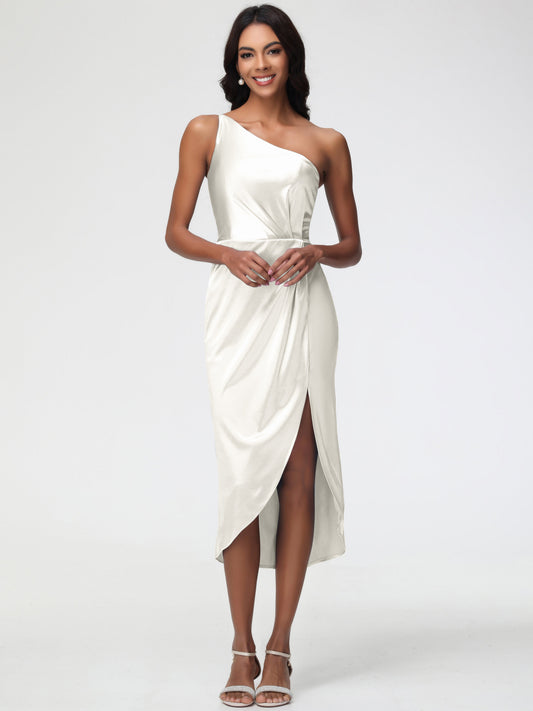 Ivory Bridesmaid Dresses Sleeveless Tea Length One Shoulder Sheath/Column Stretch Satin Bridesmaid Dress
