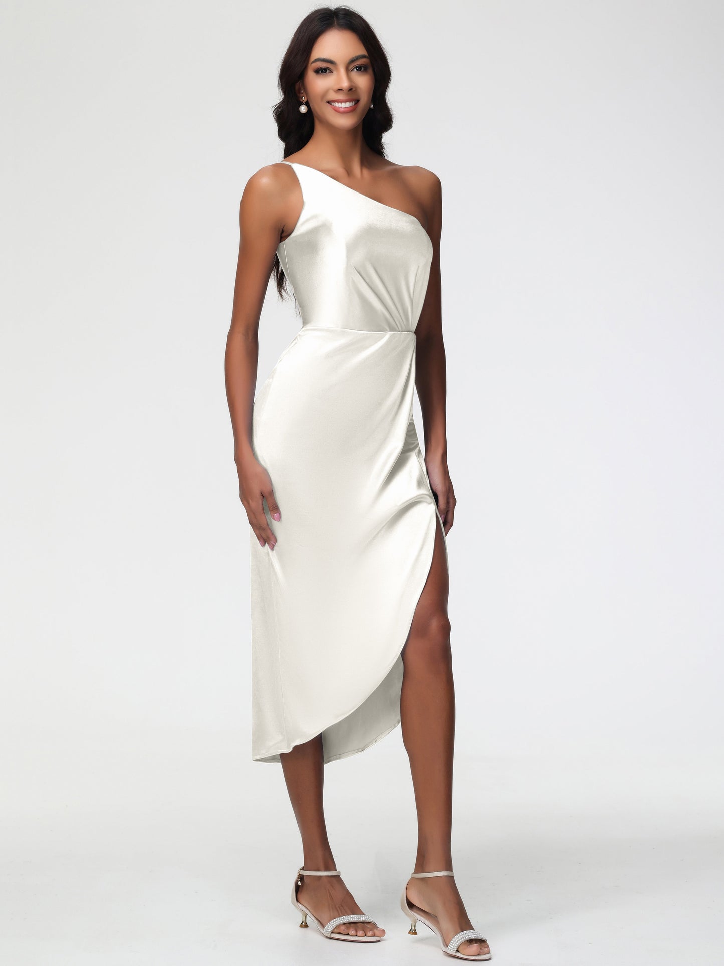 Ivory Bridesmaid Dresses Sleeveless Tea Length One Shoulder Sheath/Column Stretch Satin Bridesmaid Dress