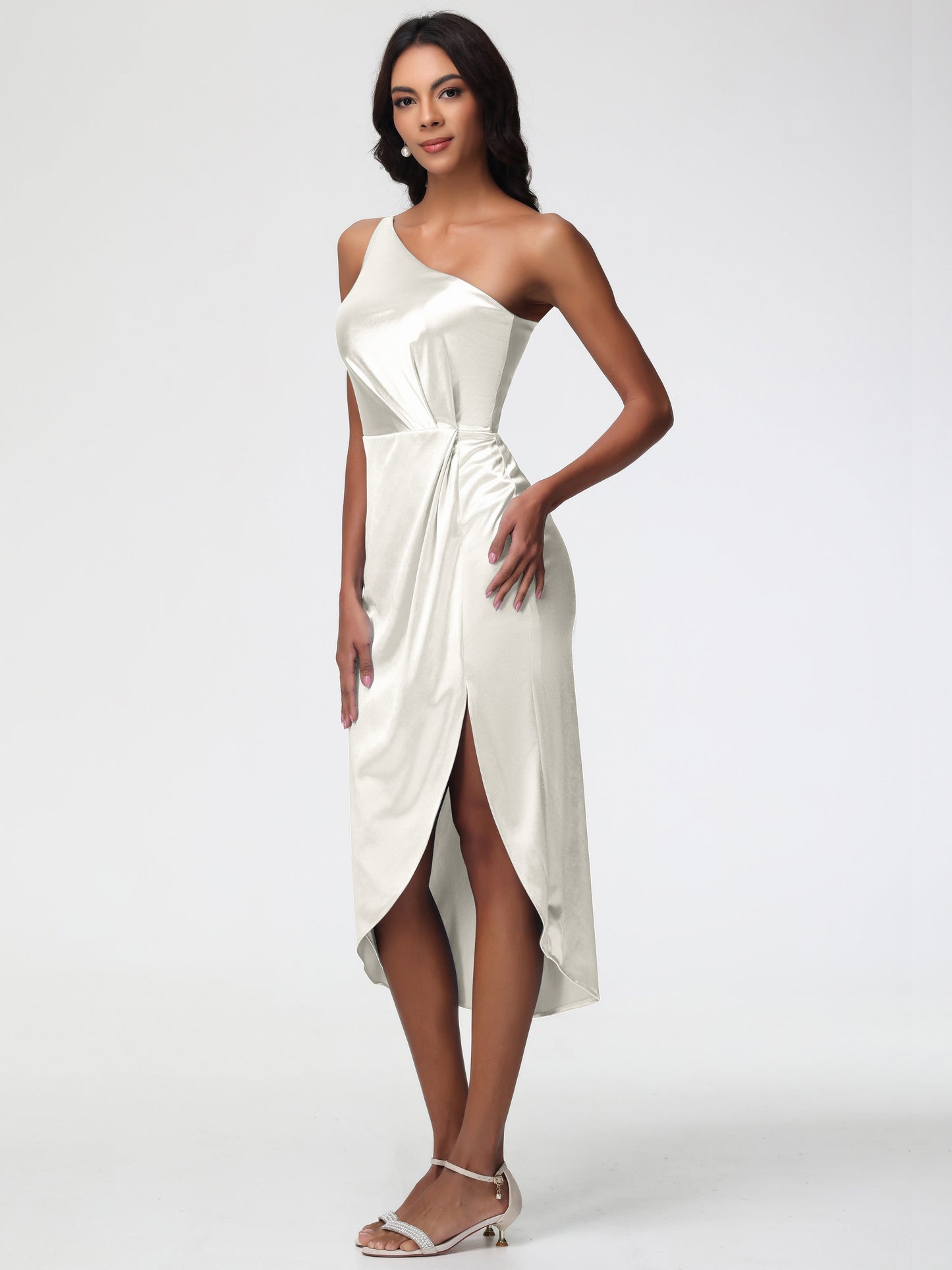 Ivory Bridesmaid Dresses Sleeveless Tea Length One Shoulder Sheath/Column Stretch Satin Bridesmaid Dress
