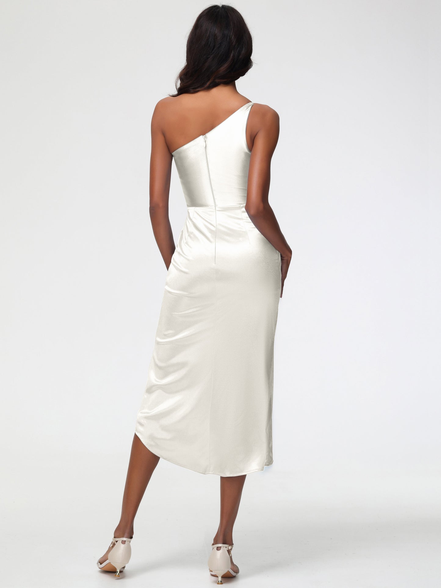 Ivory Bridesmaid Dresses Sleeveless Tea Length One Shoulder Sheath/Column Stretch Satin Bridesmaid Dress