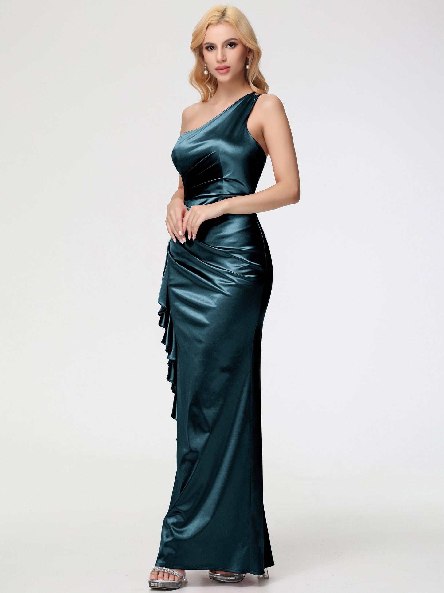 Peacock Bridesmaids Dresses Trumpet/Mermaid One Shoulder Sleeveless Pleats Ruffles Stretch Satin Bridesmaid Dresses