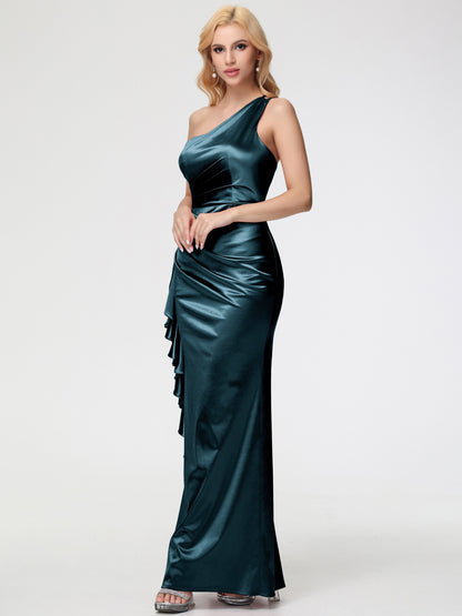 Peacock Bridesmaids Dresses Trumpet/Mermaid One Shoulder Sleeveless Pleats Ruffles Stretch Satin Bridesmaid Dresses