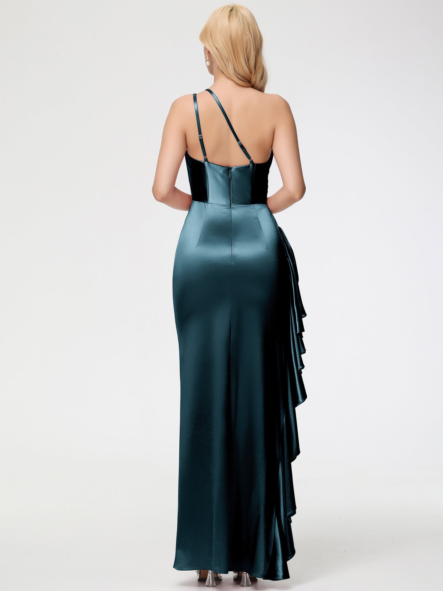 Peacock Bridesmaids Dresses Trumpet/Mermaid One Shoulder Sleeveless Pleats Ruffles Stretch Satin Bridesmaid Dresses