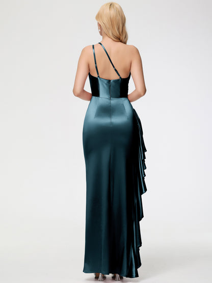 Peacock Bridesmaids Dresses Trumpet/Mermaid One Shoulder Sleeveless Pleats Ruffles Stretch Satin Bridesmaid Dresses