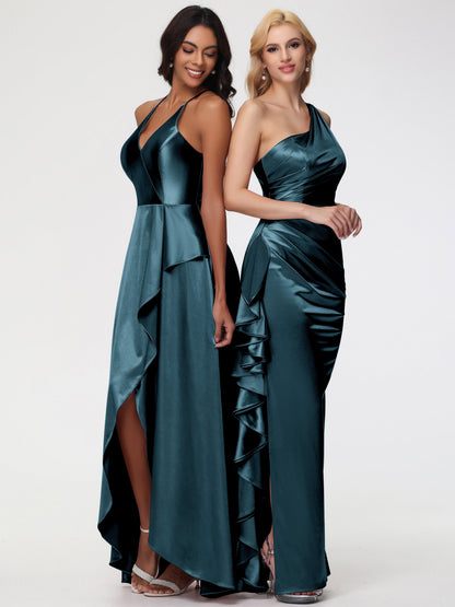 Peacock Bridesmaids Dresses Trumpet/Mermaid One Shoulder Sleeveless Pleats Ruffles Stretch Satin Bridesmaid Dresses