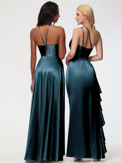 Peacock Bridesmaids Dresses Trumpet/Mermaid One Shoulder Sleeveless Pleats Ruffles Stretch Satin Bridesmaid Dresses