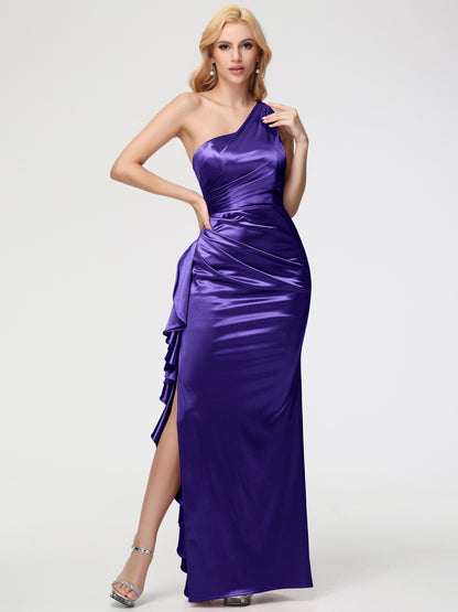 Regency Purple Bridesmaid Dress Trumpet/Mermaid One Shoulder Sleeveless Pleats Ruffles Stretch Satin Bridesmaid Dresses